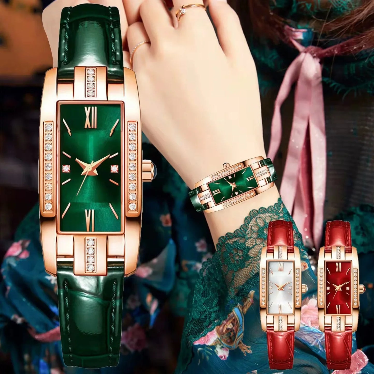 High Quality Classic Retro Women Belt Quartz Square Green Quartz Watch Student Women Wear Clock Luxury Style Montre Femme