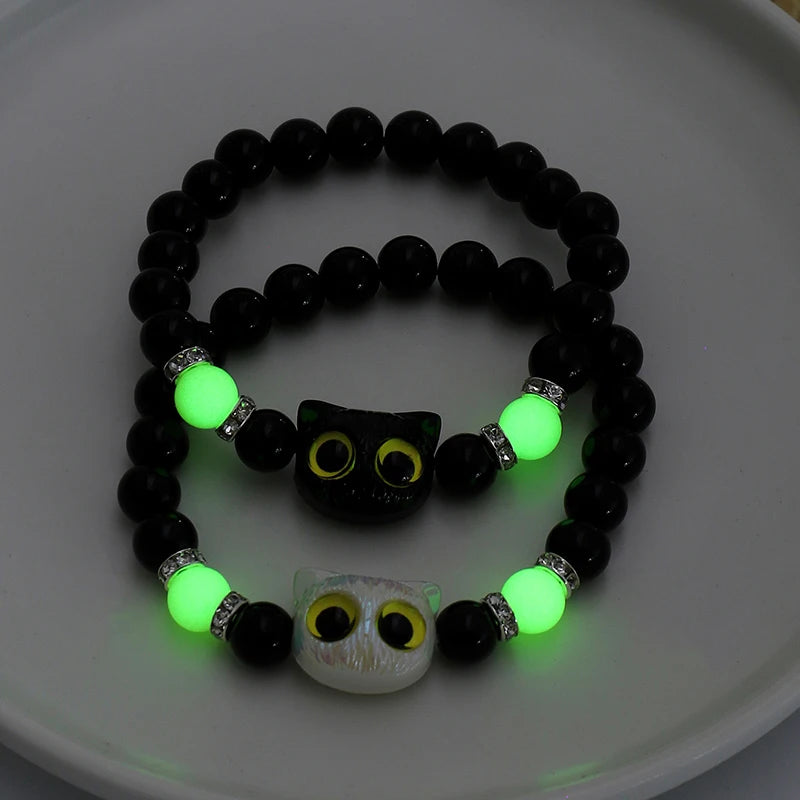 Cute Big Eye Cat Luminous Bracelets For Women Cartoon Animal Pendant Beaded Hand Chain Friendship Couple Bracelet Jewelry Gift