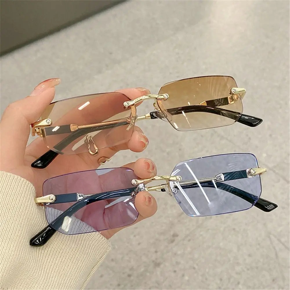 Trendy Rimless Sunglasses for Women Men Rectangle Fashion Shades Small Square UV400 Sun Glasses For Female Male Traveling Oculos