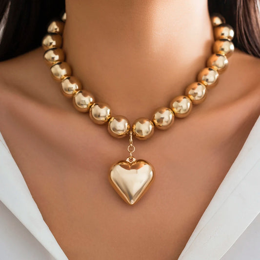 Big CCB Ball Beaded Chain and Heart Pendant Necklace for Women Trendy Choker Collar on the Neck Accessories 2023 Fashion Jewelry