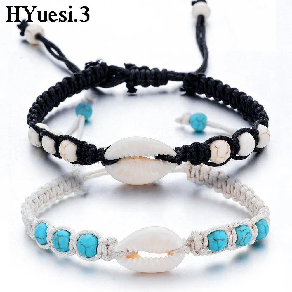 Summer Starfish Shell Woven Bracelet Unisex Adjustable Wax Rope Turquoise Beaded Anklet Bracelet Women Men Boho Beach Jewelry