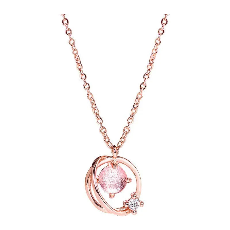 Pink Planet Meteor Shower Key Pendant Necklace Tiny Rose Gold Color Clavicle Chain Collar for Women Friendship Jewelry