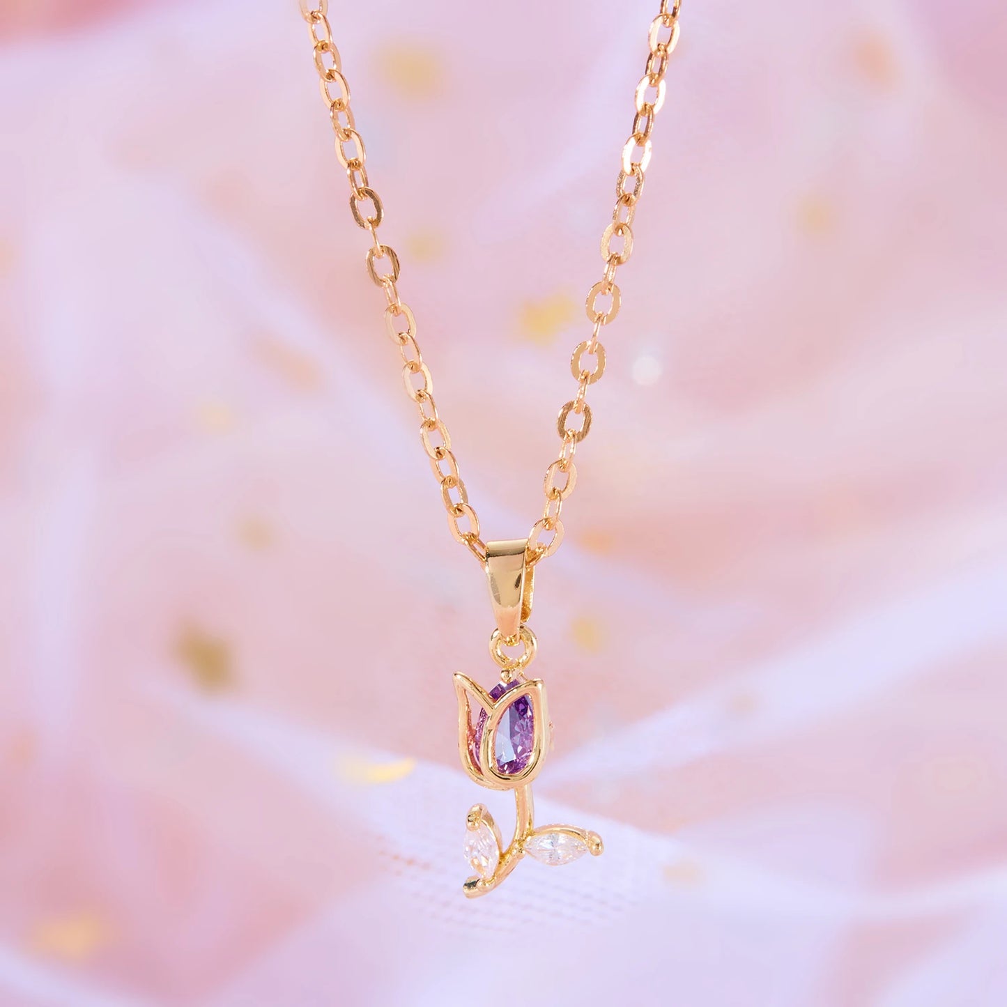 Light Luxury Zircon Tulip Flower Pendant Necklace for Women Elegant Stainless Steel Clavicle Chain Fashion Party Jewelry Gift