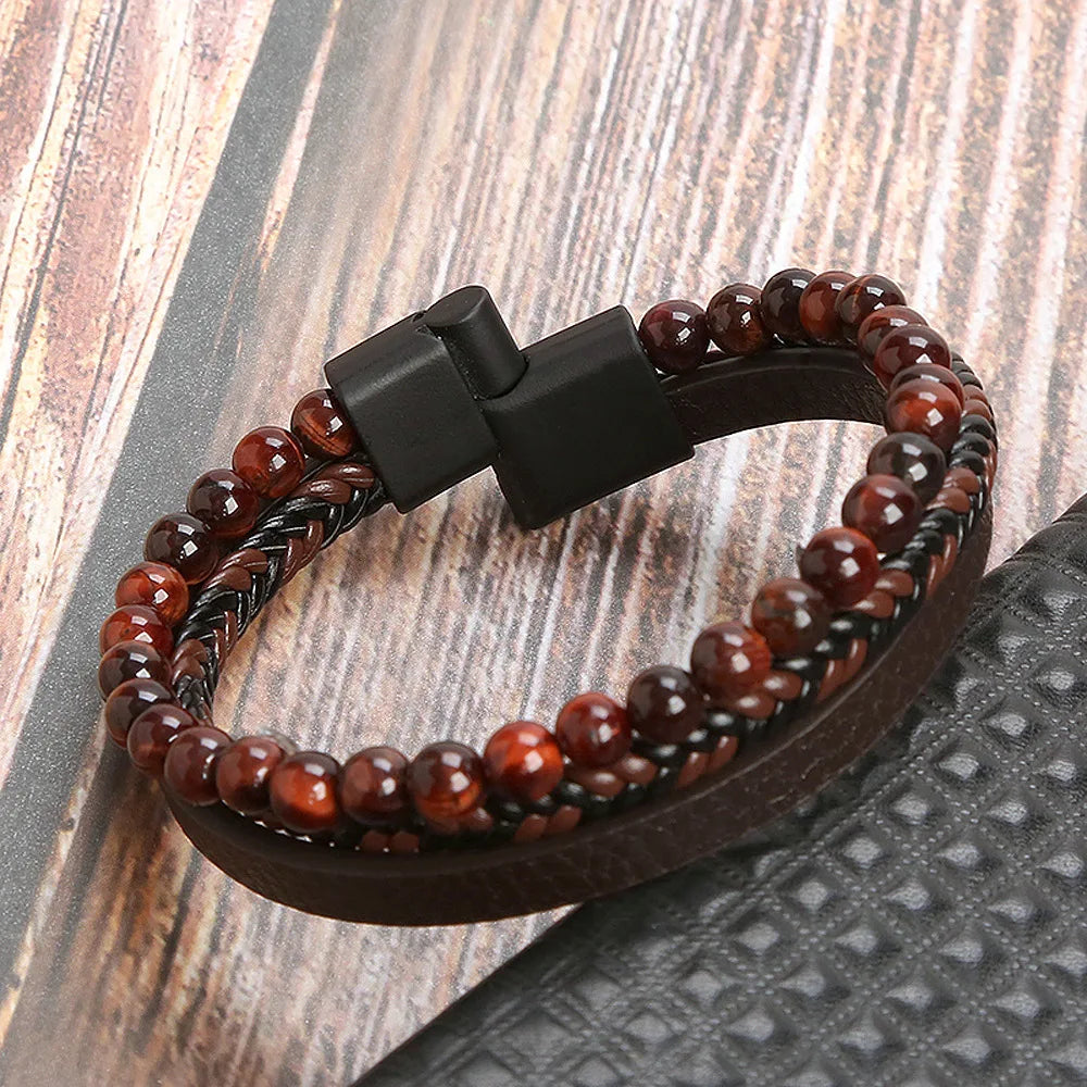 High Quality Leather Bracelet Men Classic Fashion Red Tiger Eye Beaded Multi Layer Leather Bracelet For Men Jewelry Gift