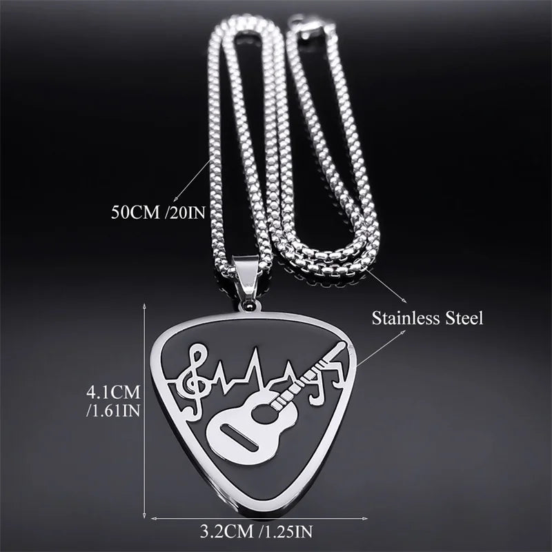 Rock Music Note Guitar Pick Necklace for Women Men Silver Color Stainless Steel Musical Symbol Chain Necklaces colares N7957S06