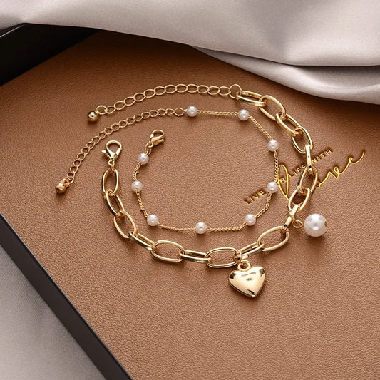 1PCS Fashion Korean Style Pearl Heart Pendant Bracelet Woman Simple Vintage Stainless Steel Chain Bracelet Jewelry Accessories