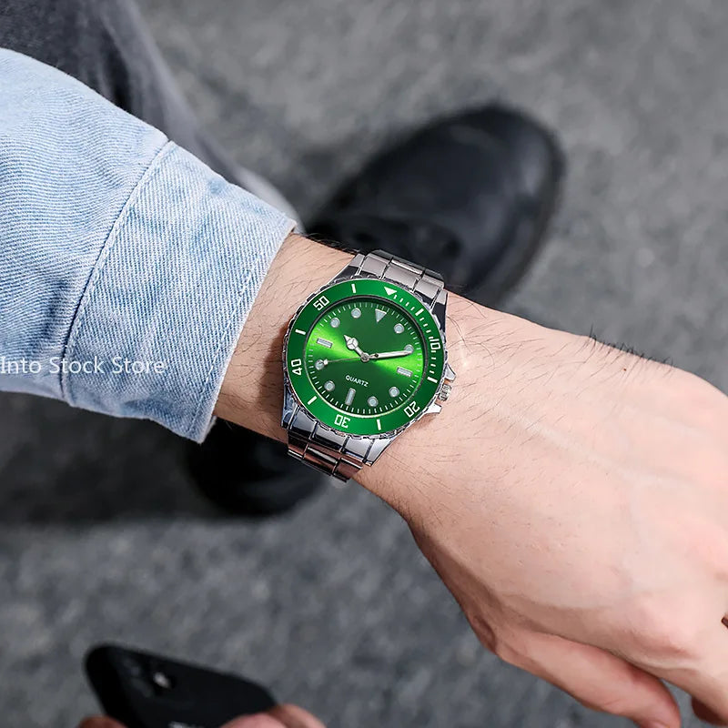 New Famous Luxury Brand Male Casual Quartz Watch Men Stainless Steel Luminous Watches Relogio Masculino Men's Green Wristwatch