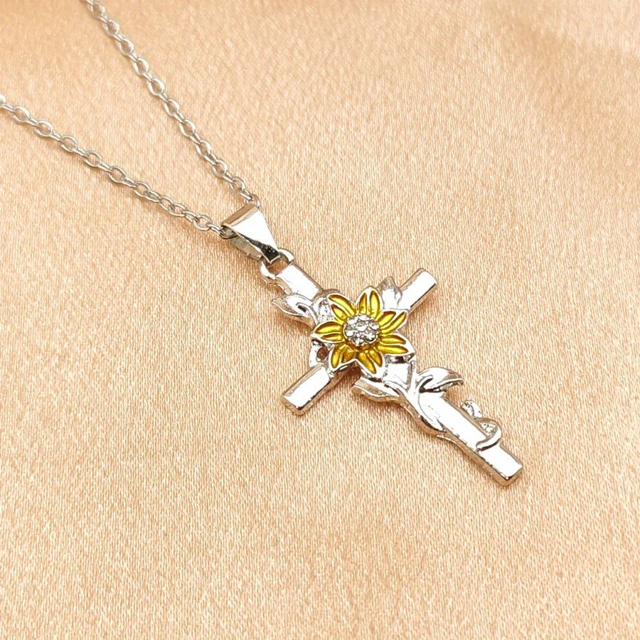 1pc Trendy Creative Sunflower Cross Pendant Necklace, Sunflower Necklace Jewelry,Birthday Party Anniversary Gift Best-selling