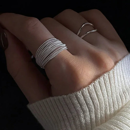 Creative Silver Color Unique Lines Ring for Women Jewelry Finger Adjustable Vintage Ring for Party Birthday Gift Fashion Jewelry