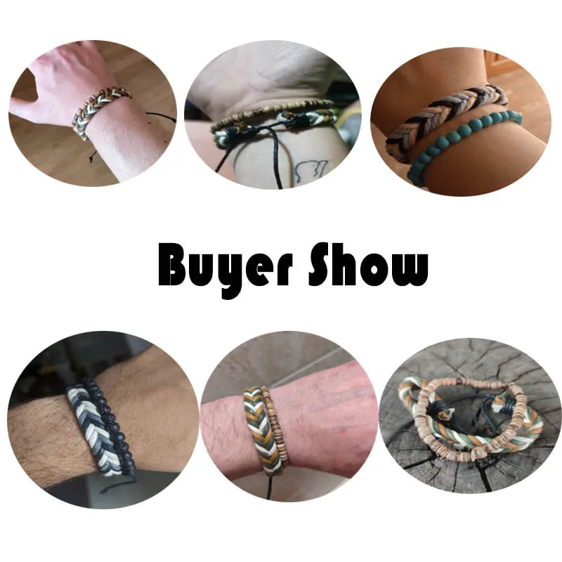 2024 2Pcs Mens Bracelet Set Natural Wood Braclet Handmade Weaven Macrame Braslet Volcanic Rock Tiger Eyes Stone Beaded Brazalete