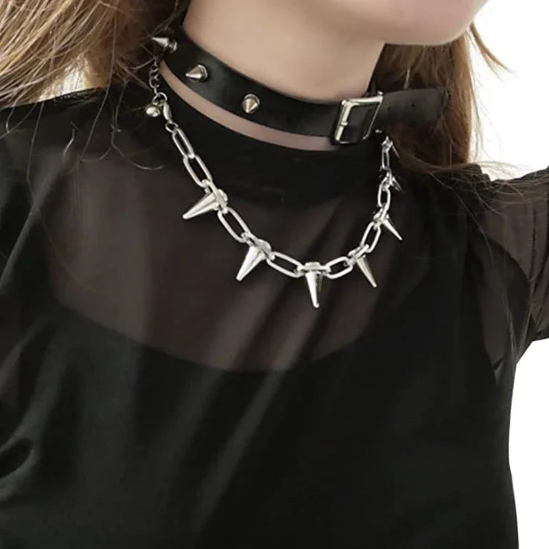 Punk Spike Chokers Necklaces Women Goth Rivet Collar Choker Necklace Men Metal Spike Link Chain Unisex Rock Night Club Jewelry