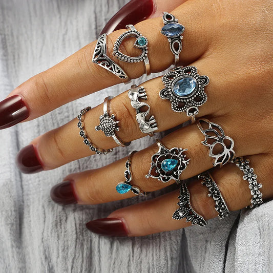 15pcs/set Hiphop Women Rings Sets Blue Crystal Antique Color Female Rings Moon Heart Butterfly Rings Party Gift anillos mujer