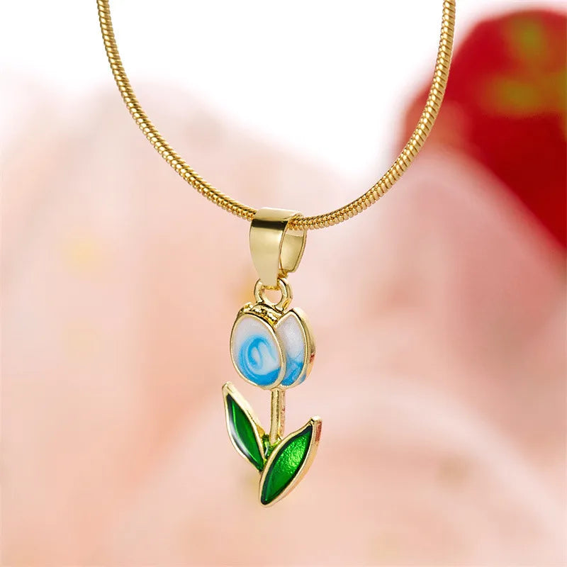 Vintage Elegant Enamel Tulip Flower Pendant Necklace For Women Fashion Young Girls Personality Accessories Clavicle Chain Choker