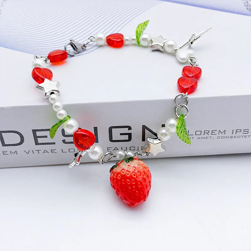 1 Pc Exquisite Strawberry Cute Fashion Color Alloy Beaded Bracelet Set Women Party Favors