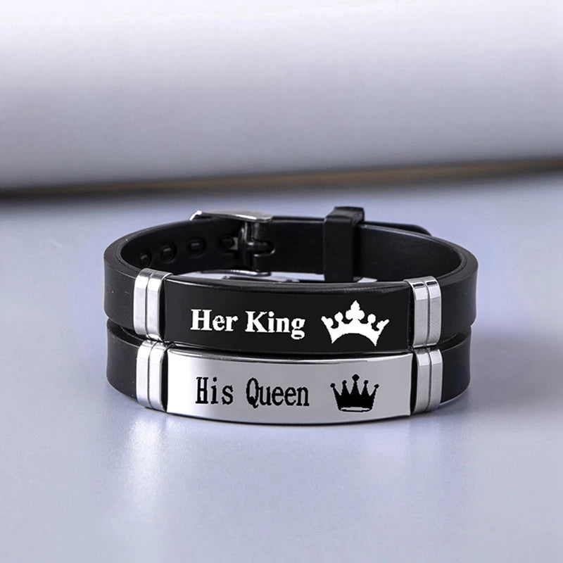 2 Pcs/Set Stainless Steel Crown Her King His Queen Trendy Sport Silicone Couple Bracelet Bangle Unisex Lover Bracelets Gift