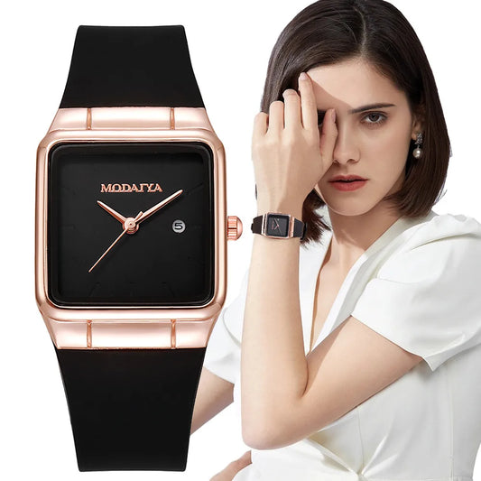 Fashion 2023 Women's Simple Brand Square Calendar Black Quartz Watch Casual Silicone Strap Female Clock Wristwatch