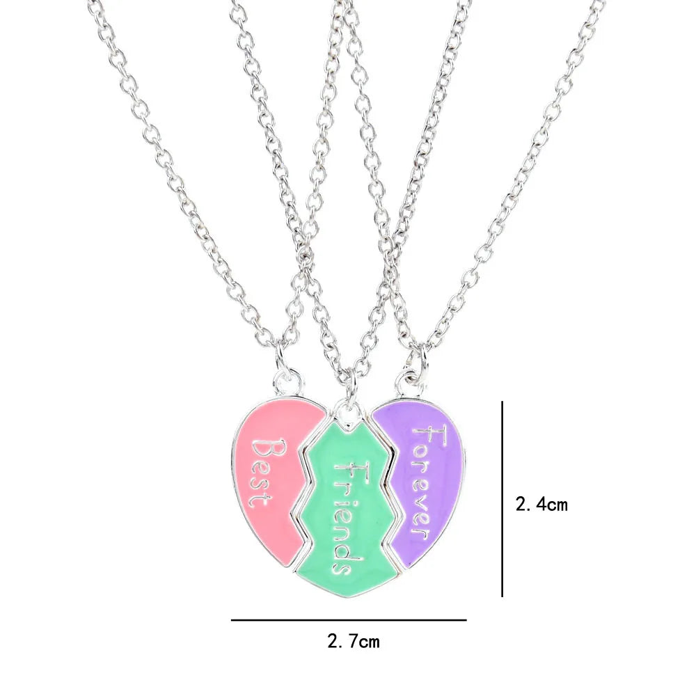 Lovecryst 3Pcs/set Cute 3-color Heart Broken Stitching Magnetic Best Friend Necklace for Girls BFF Friendship Jewelry Gift