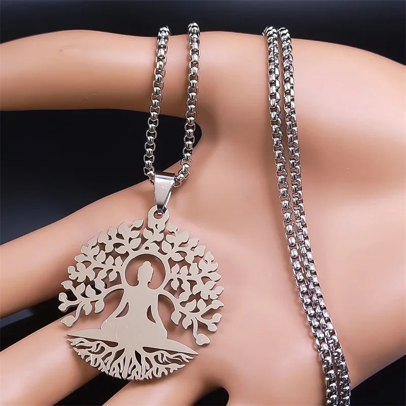 Buddhism Meditation Buddha Yoga Pendant Necklace Stainless Steel Tree of Life Buddhist Chakras Reiki Chain  Jewelry collar