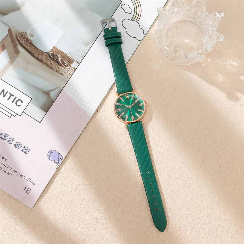 Luxury Ladies Brand Diamond Roman Design Lady Watches Dress Quartz Watch Fashion Green Leather Strap Women Wristwatches