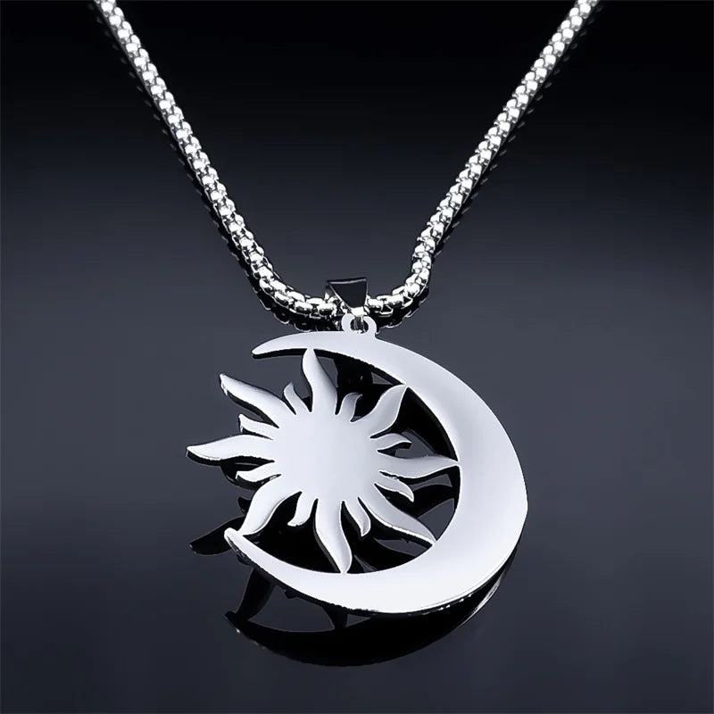 Witch Moon Sun Necklace for Women Men Stainless Steel Stone Occult Luna Crescent Wicca Chain Jewelry collares acero inoxidable