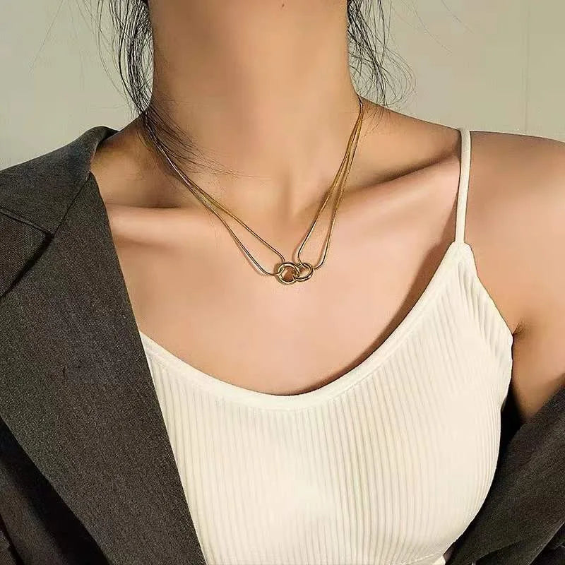 New Trend Stainless Steel Double Layer Bead Annulation Pendant Necklace For Women Stacked Choker Party Gift Fashion Jewelry