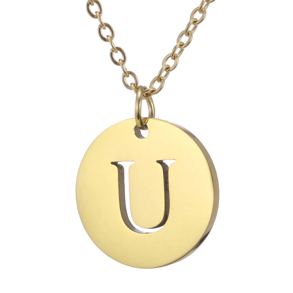 Amaxer Stainless Steel Necklace Fashion Gold Color Initial Charms Metal Round A To Z Letters For Women Single Name Jewelry Gifts