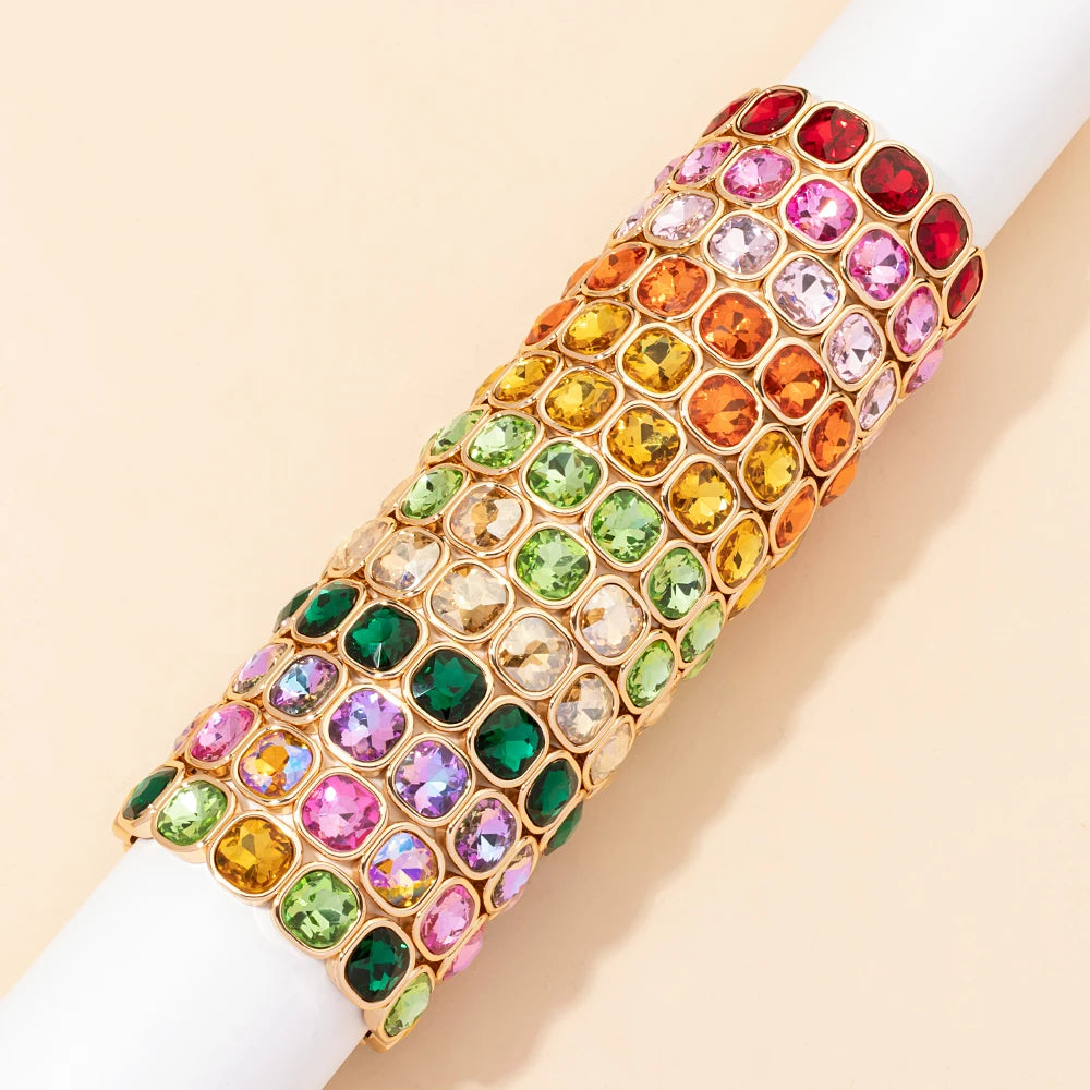 2024 Gold Color Crystal Bangle Handmade Square Shape Rhinestones Boho Women Tennis Bracelet Elastic Bohemian Zircon Jewelry