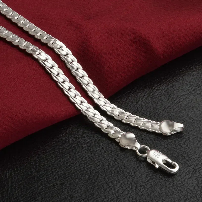 925 Sterling Silver 6MM Full Sideways Chain Necklace For Women Men Fashion Jewelry Sets Wedding Gift