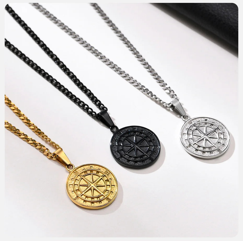 Vnox Layered Necklaces for Men, Sailing Travel Compass Pendant, Stainless Steel Cuban Figaro Wheat Chain, Casual Retro Collar