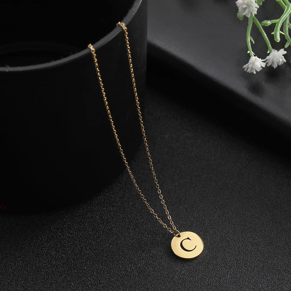 Amaxer Stainless Steel Necklace Fashion Gold Color Initial Charms Metal Round A To Z Letters For Women Single Name Jewelry Gifts