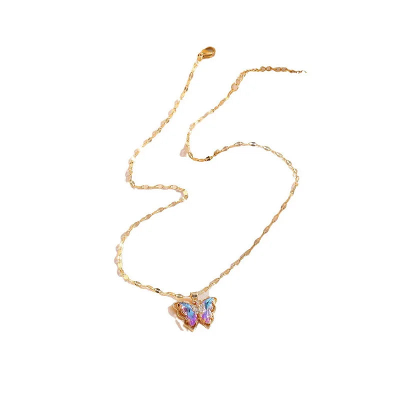 New Trendy Luxury Zircon Butterfly Pendant Necklace for Women Girls Stainless Steel Clavicle Chain Female Elegant Party Jewelry