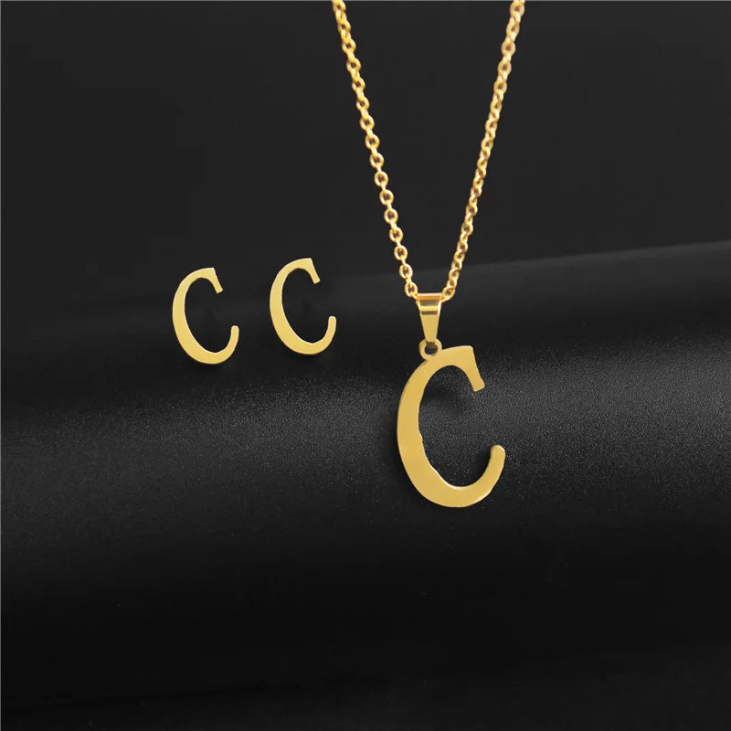 New Simple Gold Color A-Z 26 Letters Initial Pendant Necklace Set for Women Couple Stainless Steel Alphabet Name Chain Choker