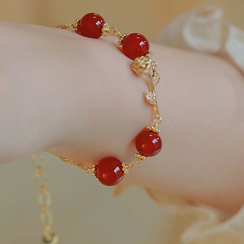 Korean Style Light Luxury Rose Charm Bracelets Fashion Chain Romantic Red Beads Rhinestone Bangle For Women Wedding Jewelry Gift