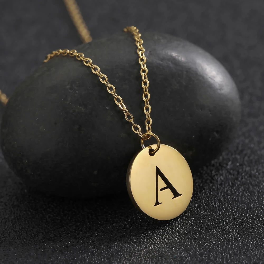 Amaxer Stainless Steel Necklace Fashion Gold Color Initial Charms Metal Round A To Z Letters For Women Single Name Jewelry Gifts