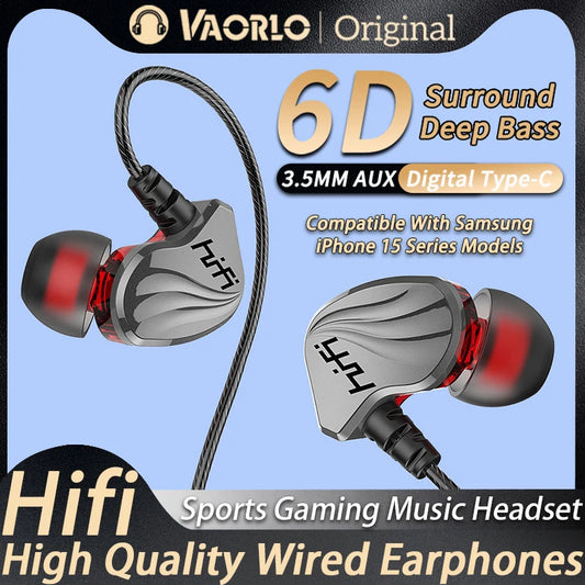 6D HIFI Heavy Bass Headset 3.5MM AUX/Type-C Digital Chip With Mic Music Sports Gaming In-Ear Wired Earphone For Samsung iPhone15