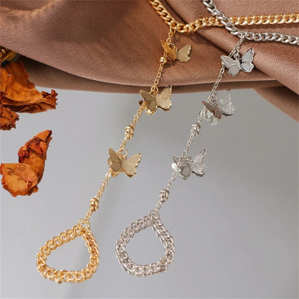 Retro Butterfly Chain Attached Wrist Bracelet for Women Linked Finger Ring Bracelets Fashion Aesthetic Jewelry Accessories