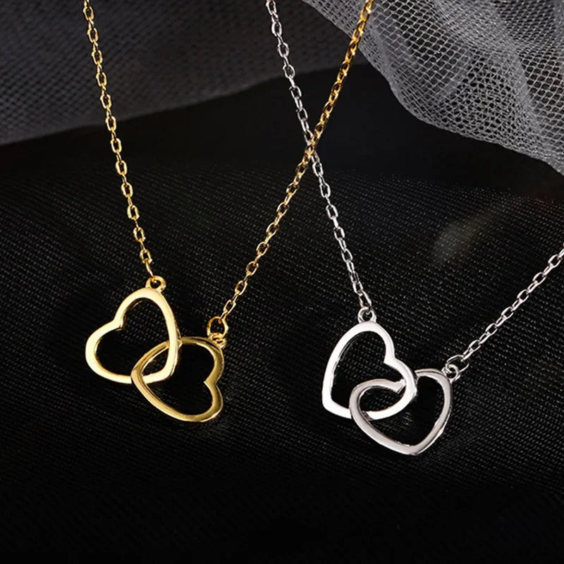 Korean Fashion Metal Alloy Heart Stainless Steel Necklace for Women Double Heart Necklace Interlocking Necklace Jewelry Collares