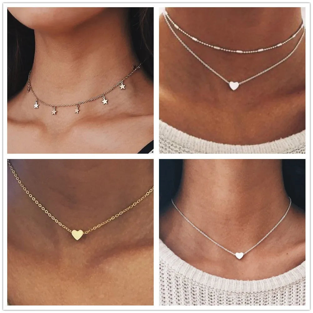 Fashion Star Tassel Chokers Necklaces for Women Short Chain Heart Pendant Necklace Female Simple Silver Golden Color Jewelry