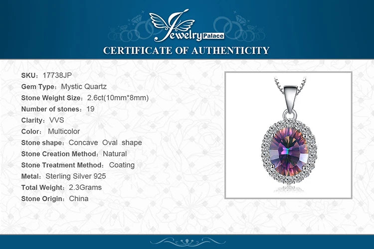 JewelryPalace 2.6ct Natural Mystic Quartz 925 Sterling Silver Pendant Necklace for Woman Trendy Party Gift No Chain New Arrival