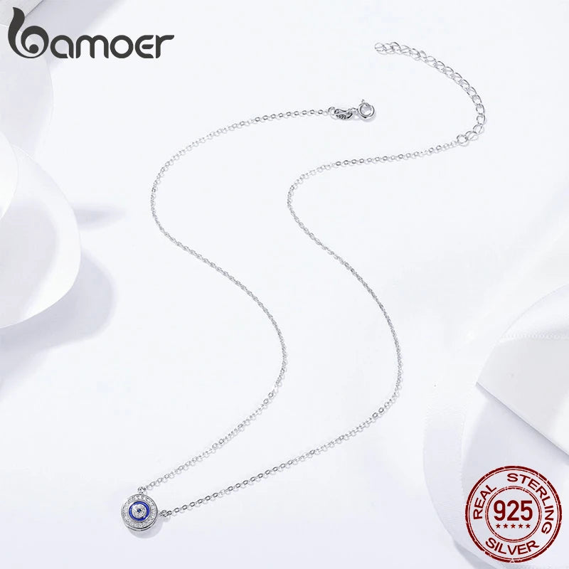 BAMOER Hot Sale 100% 925 Sterling Silver Blue Lucky Eye Guardian Eye Pendant Necklace for Women Clear CZ Fine Jewelry SCN165