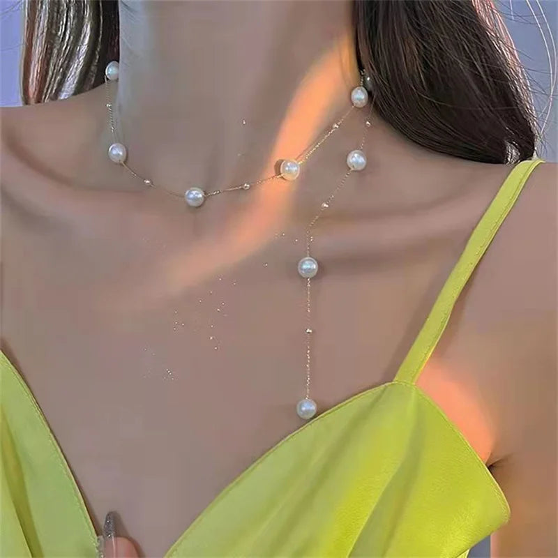 2024 New Simple Long Imitation Pearls Back Necklace for Women Sexy Tassel Pearl Harness Bikini Chest Chain Body Jewelry Mujer