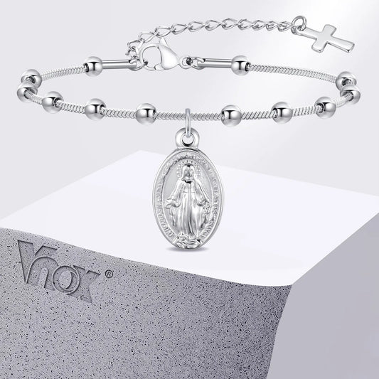 Vnox Rosary Bracelet for Women Girls, Gold Plated Stainless Steel Religious Cross and Virgin Mary Prayer Bracelets Gifts