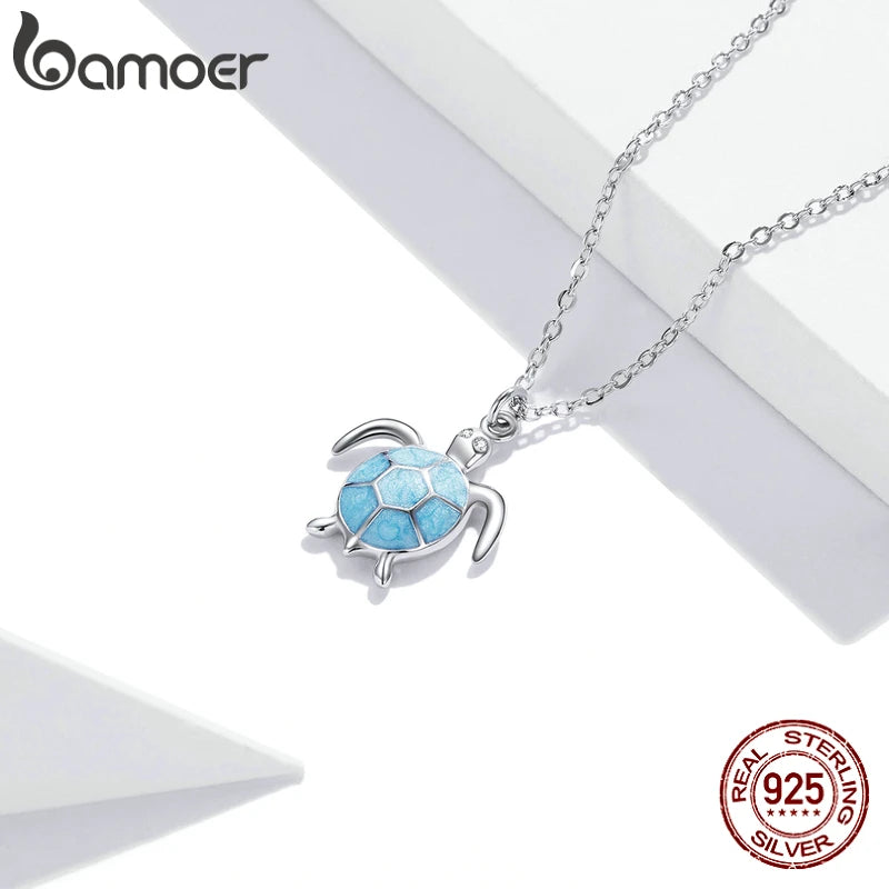 Bamoer 925 Sterling Silver Sky Blue Enamel Turtle Pendant Necklace Cute Animal Adjustable Necklace for Women Fine Jewelry SCN446