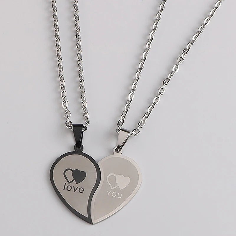 1 Pair Couples Jewelry Heart Necklaces Couple Necklace Stainless Steel Engraved Love Pendants Necklace Valentine's Day