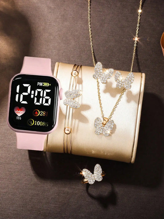 6PCS Love Square digital display digital Watch Girl Boy and Butterfly Jewelry Set Lady Star Bracelet Gift Set