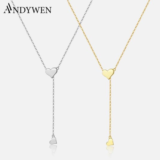 ANDYWEN 925 Sterling Silver Gold Adjustable Chain Heart Pendant Charm Necklace Drop Choker Resizable Women Luxury Jewekry