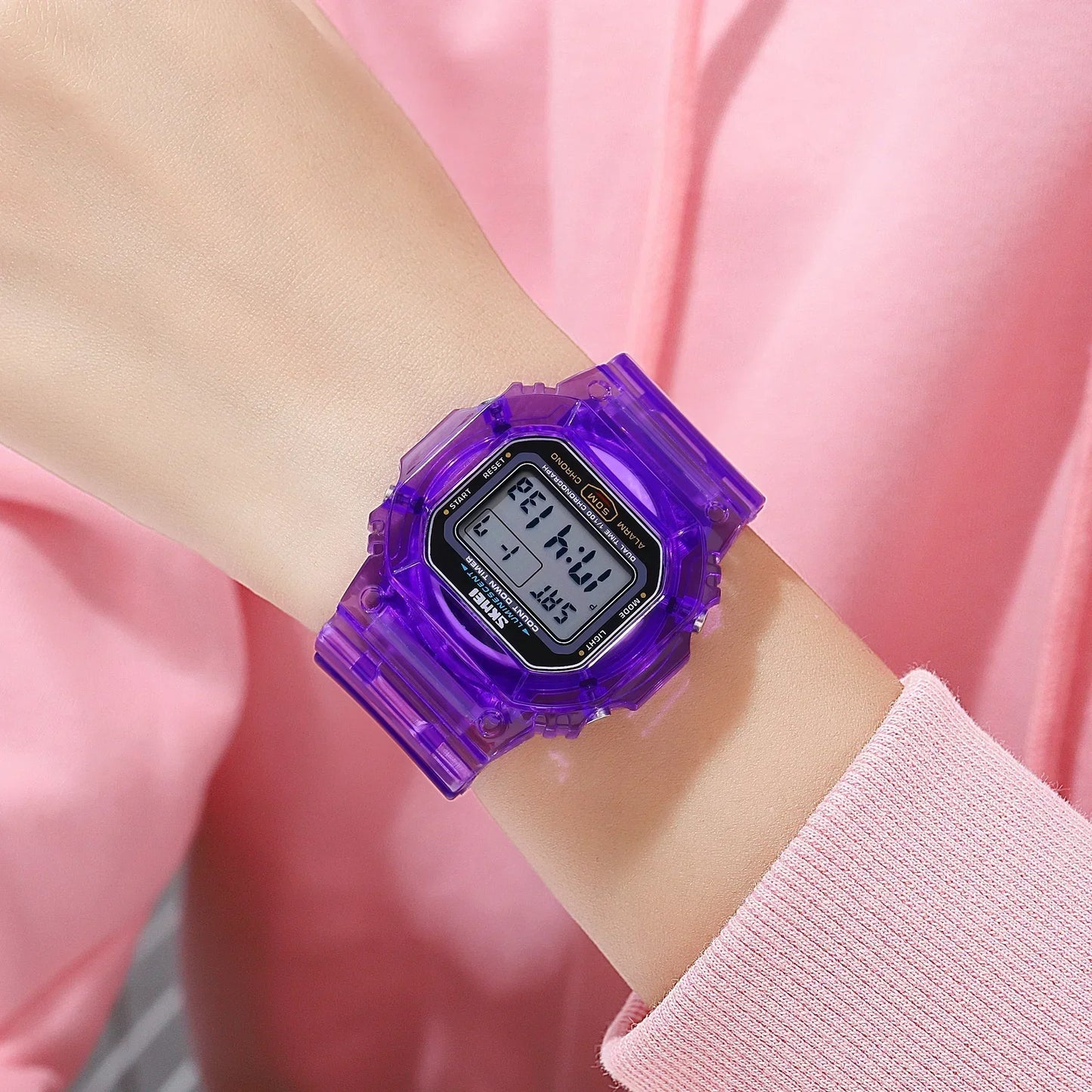 SKMEI 1999 Transparent PU Strap Lady Wristwatch Shockproof reloj mujer Multifunctional  2 Time Count Down Women Digital Watches