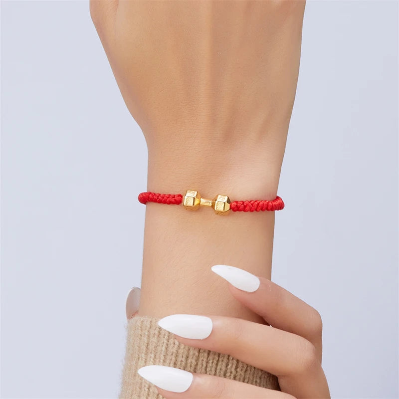 Gold Color Silver Color Dumbbell Bracelets Handmade Braid Adjustable Bracelet for Women Men Charm Barbell Fitness Energy Jewelry