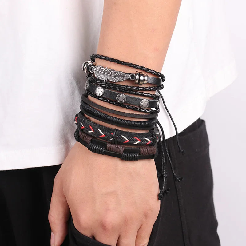 1 Fashion Bracelet Viking  Bracelet For Men Hand Bracelets Woven Skull Hand Jewelry Adjustable Leather Set Bracelet For Leather