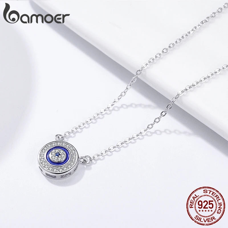 BAMOER Hot Sale 100% 925 Sterling Silver Blue Lucky Eye Guardian Eye Pendant Necklace for Women Clear CZ Fine Jewelry SCN165